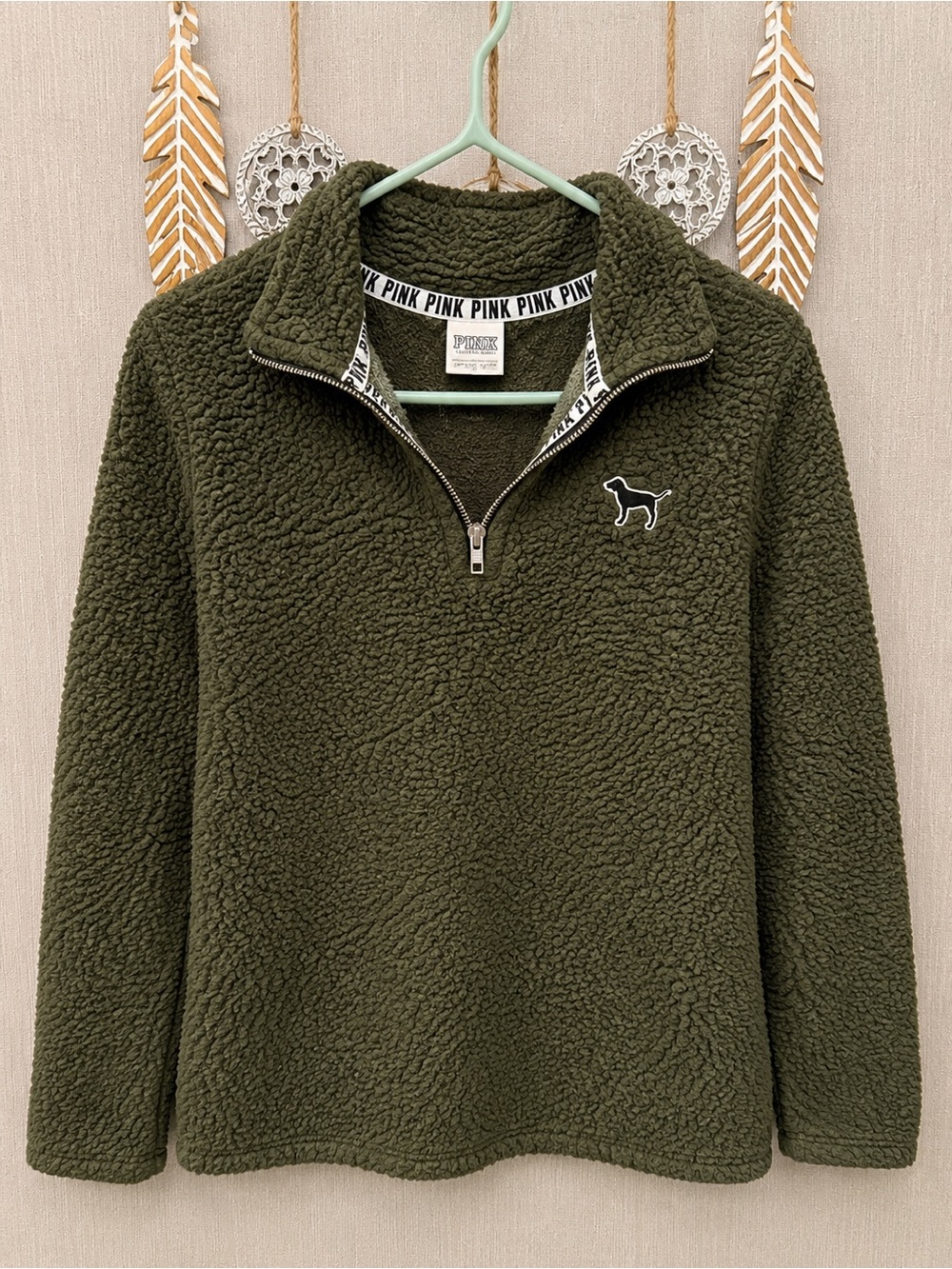 PINK Victoria's Secret Olive Green Sherpa Half-Zip Pullover